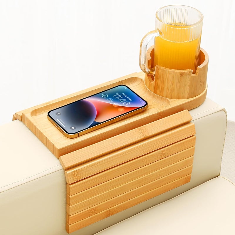 BAMTRAY Couch Cup Holder Tray, 15.75" Bamboo Cup Holder for Couch, 3 in 1 Foldable Arm Chair Clip on Side Tray Table for Remote Snack Table on Armrest - Image 1
